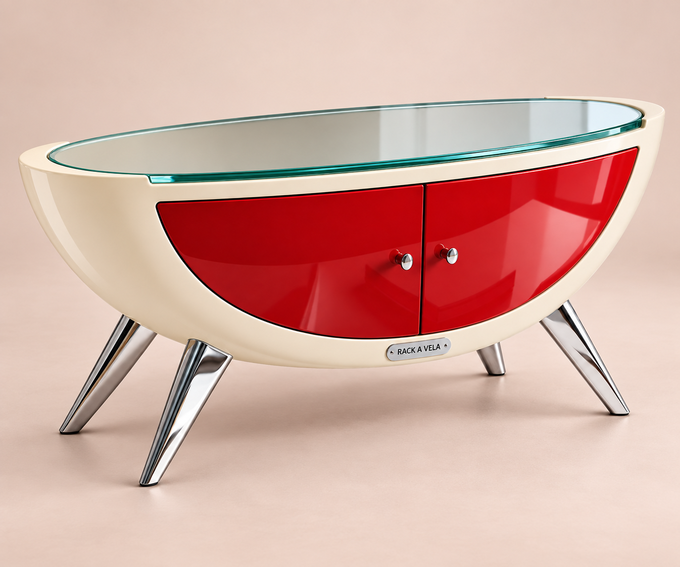 Rack a Vela — móvel branco e vermelho com tampo de vidro